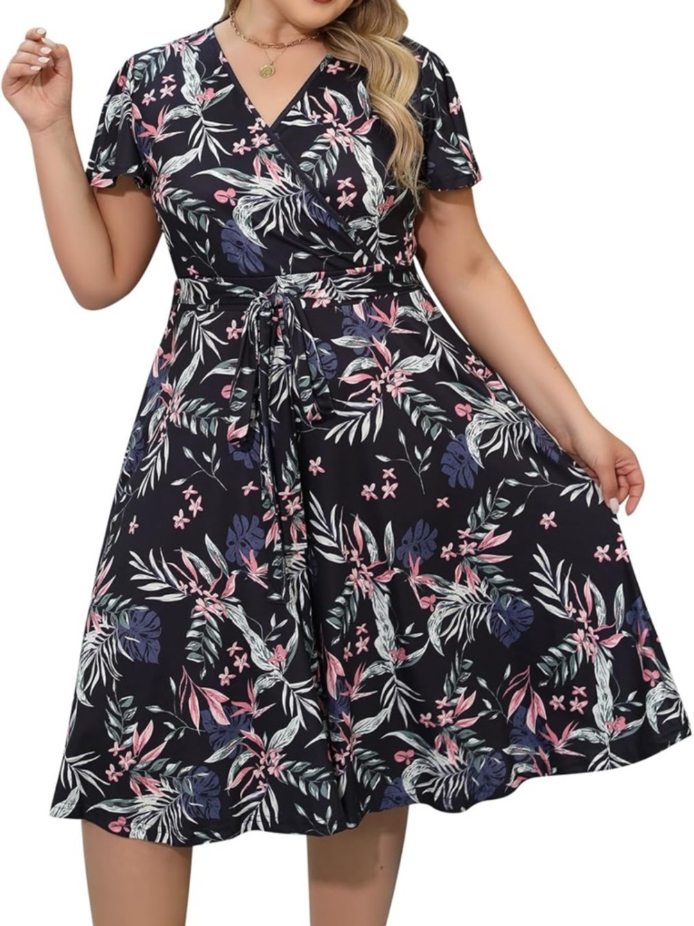NWT Floral Wrap Midi Dress - Black with Pink & Blue